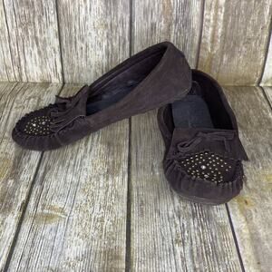 Montana West Brown Suede Studded Fringe Leather Moccasins Slipper Women’s Size 9